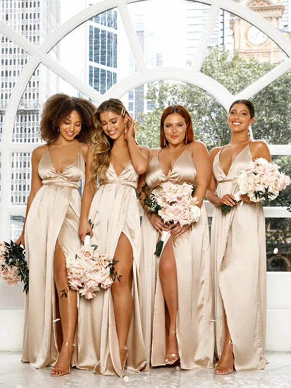 Wholesale Sheath/Column Silk like Satin Ruched V-neck Sleeveless Floor-Length Bridesmaid Dresses